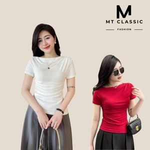 Áo thun cổ thuyền, áo kiểu lệch vai dún eo và vạt áo xéo, chất thun mềm mịn, form chuẩn - Mt classic
