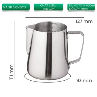 Volcano Ca đánh sữa, ca đánh sữa inox, ca đánh sữa chuyên nghiệp Inox 304 màu bạc