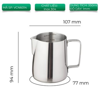 Volcano Ca đánh sữa, ca đánh sữa inox, ca đánh sữa chuyên nghiệp Inox 304 màu bạc