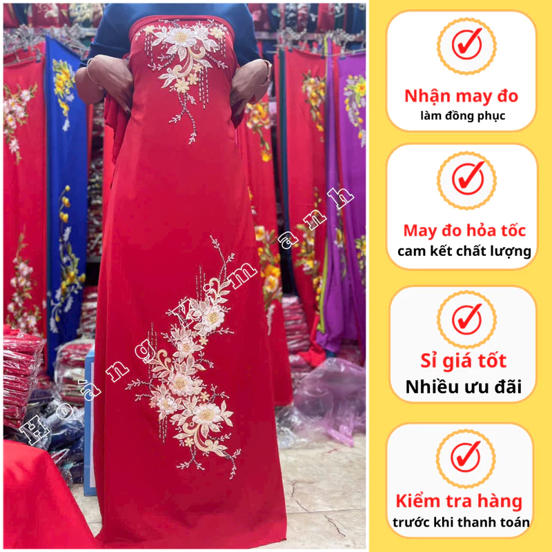 VẢI MAY ÁO DÀI CHO MẸ CÔ DÂU BÀ SUI LỤA BẢO ANH ĐÍNH BÔNG HOA ĐÁ CAO CẤP MỀM MẠI CO GIÃN HÀNG LOẠI 1 MÀU ĐỎ XANH ĐẸP — ảnh 1
