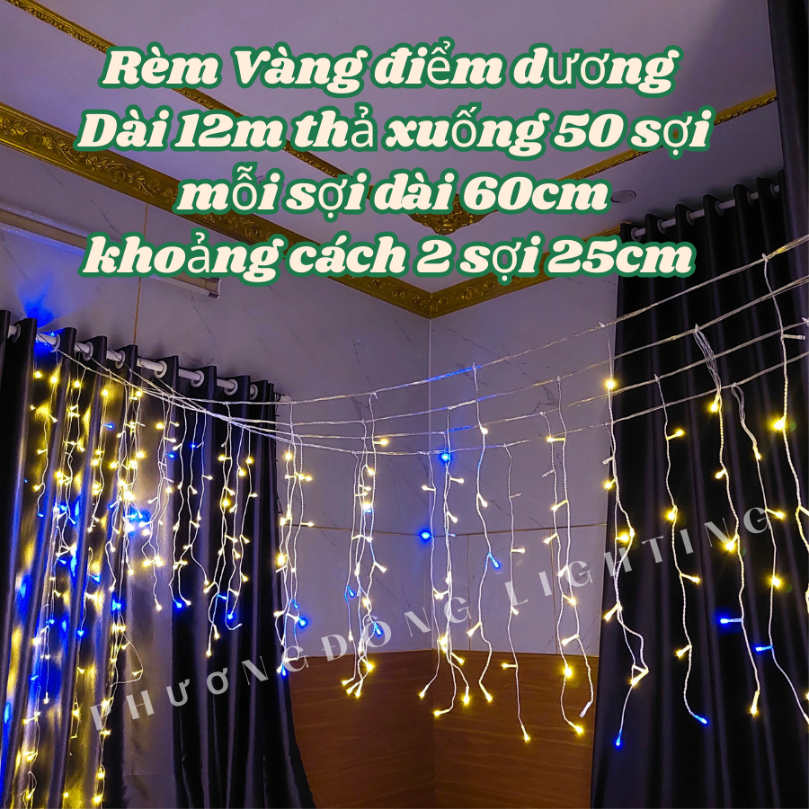 Đèn led rèm thả trang trí Dài 12m thả xuống 50 sợi Mỗi sợi dài 60cm Màu Vàng điểm Dương