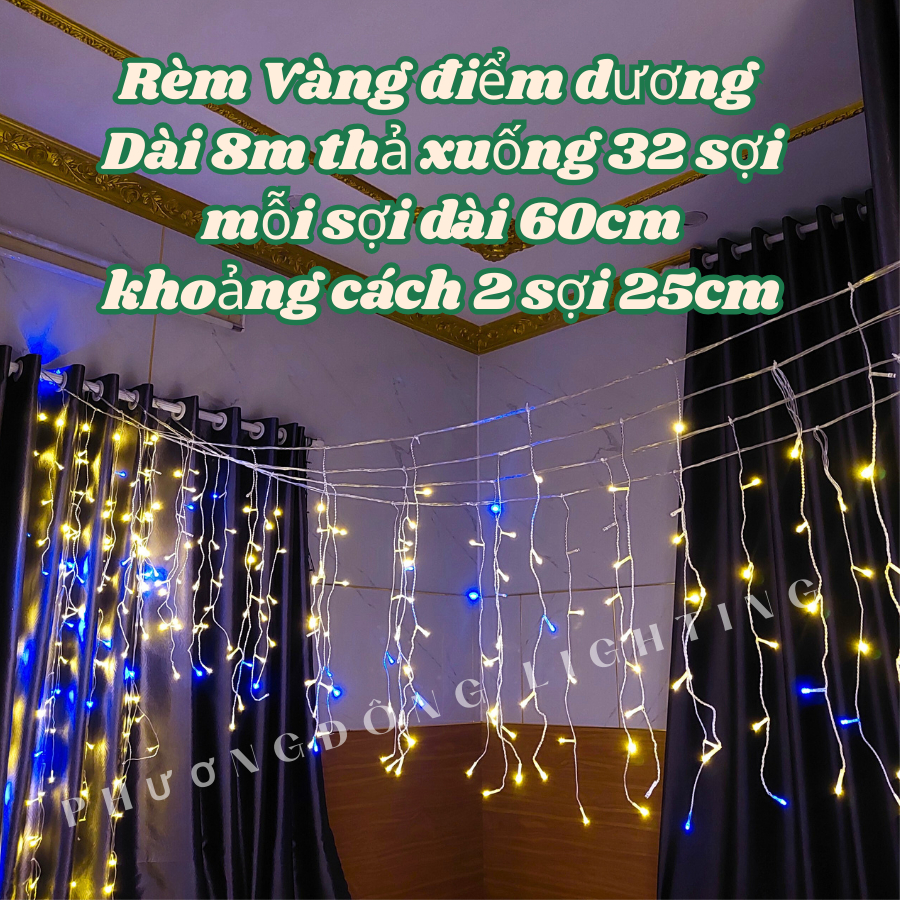 Đèn led rèm thả trang trí Dài 12m thả xuống 50 sợi Mỗi sợi dài 60cm Màu Vàng điểm Dương