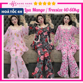Đồ ngủ nữ 40-60kg, pijama dài tay cổ viền bèo 2 túi lụa mango không nhăn 60DD28, đồ bộ nữ đồ mặc nhà tiểu thư dễ thương
