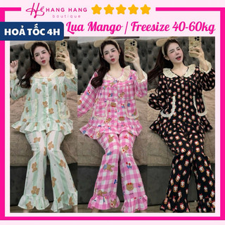 Đồ ngủ nữ 40-60kg, pijama dài tay cổ viền bèo 2 túi lụa mango không nhăn 60DD28, đồ bộ nữ đồ mặc nhà tiểu thư dễ thương