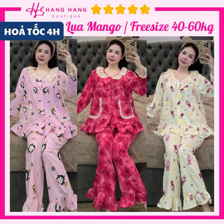 Đồ ngủ nữ 40-60kg, pijama dài tay cổ viền bèo 2 túi lụa mango không nhăn 60DD28, đồ bộ nữ đồ mặc nhà tiểu thư dễ thương