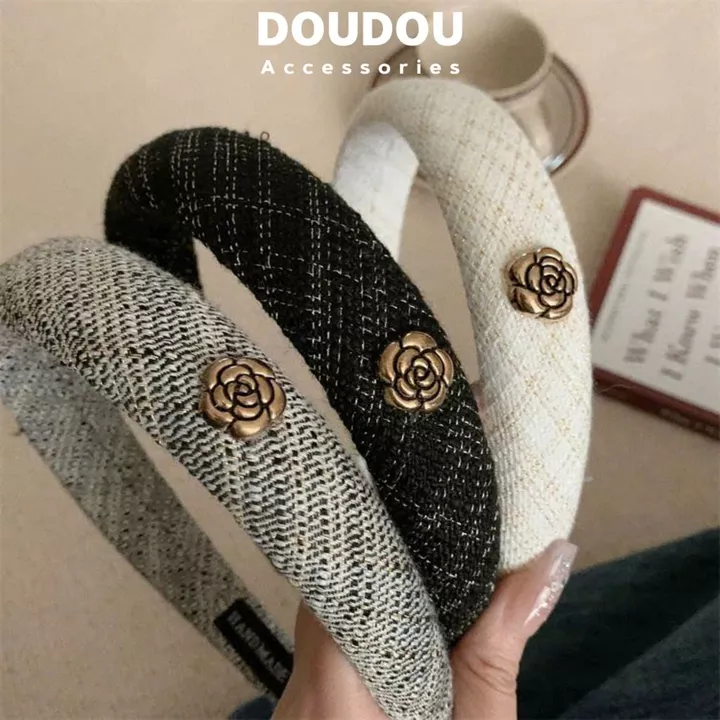 Băng đô cài tóc Doudou Cài tóc vải tweed Cài tóc nữ hoa sơn trà Bờm cài tóc Bờm tóc nữ Bờm nữ FG065