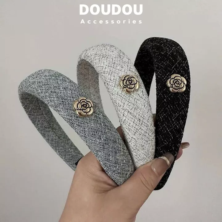 Băng đô cài tóc Doudou Cài tóc vải tweed Cài tóc nữ hoa sơn trà Bờm cài tóc Bờm tóc nữ Bờm nữ FG065