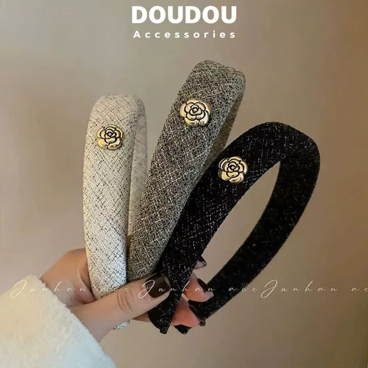 Băng đô cài tóc Doudou Cài tóc vải tweed Cài tóc nữ hoa sơn trà Bờm cài tóc Bờm tóc nữ Bờm nữ FG065