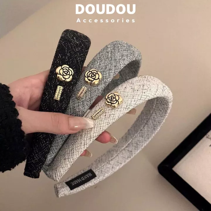 Băng đô cài tóc Doudou Cài tóc vải tweed Cài tóc nữ hoa sơn trà Bờm cài tóc Bờm tóc nữ Bờm nữ FG065