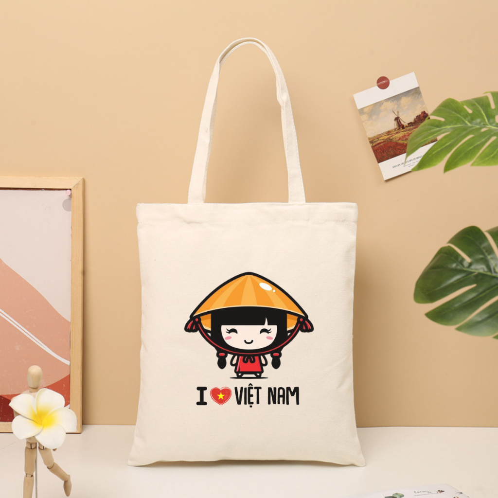 Túi Tote túi vải canvas bộ sưu tập Tôi Yêu Việt Nam có khóa dùng đi chơi đi học thời trang hàn quốc cao cấp 35x40cm
