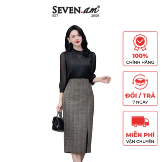 Áo sơ mi tay dài tơ nhũ đen kèm hoa cổ thời trang nữ Seven.AM H102020TD2