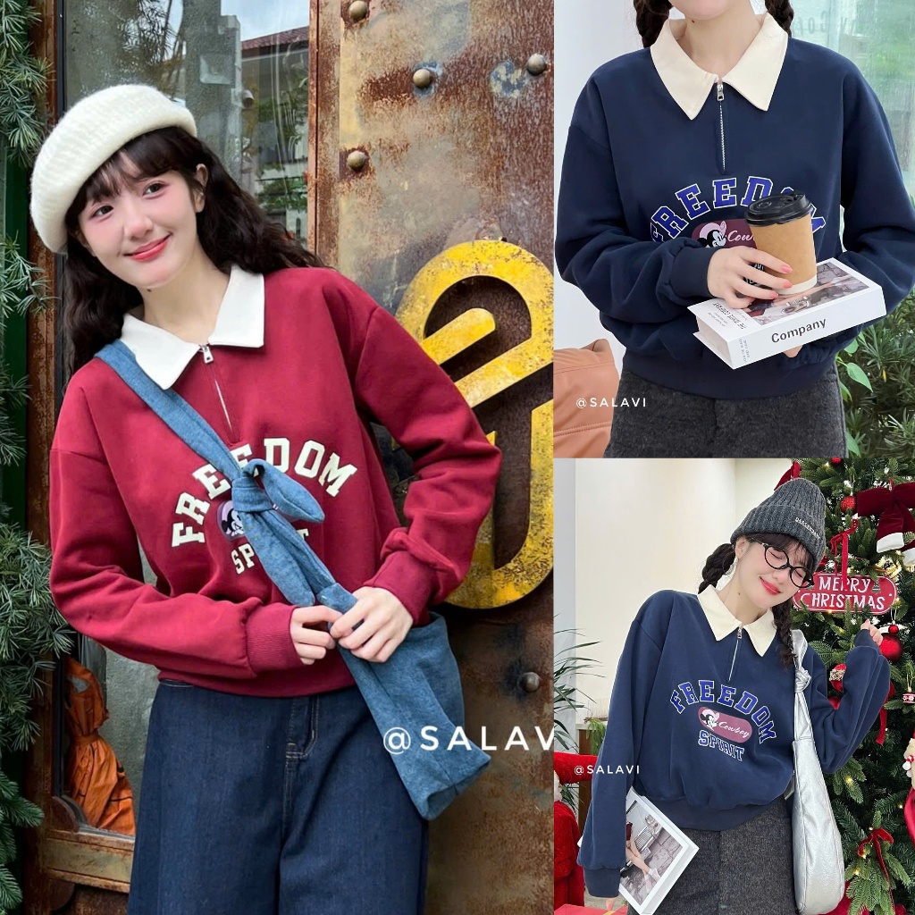 Áo sweater nỉ cổ bẻ in chữ freedom, áo nỉ polo dày dặn phối khoá kéo ...