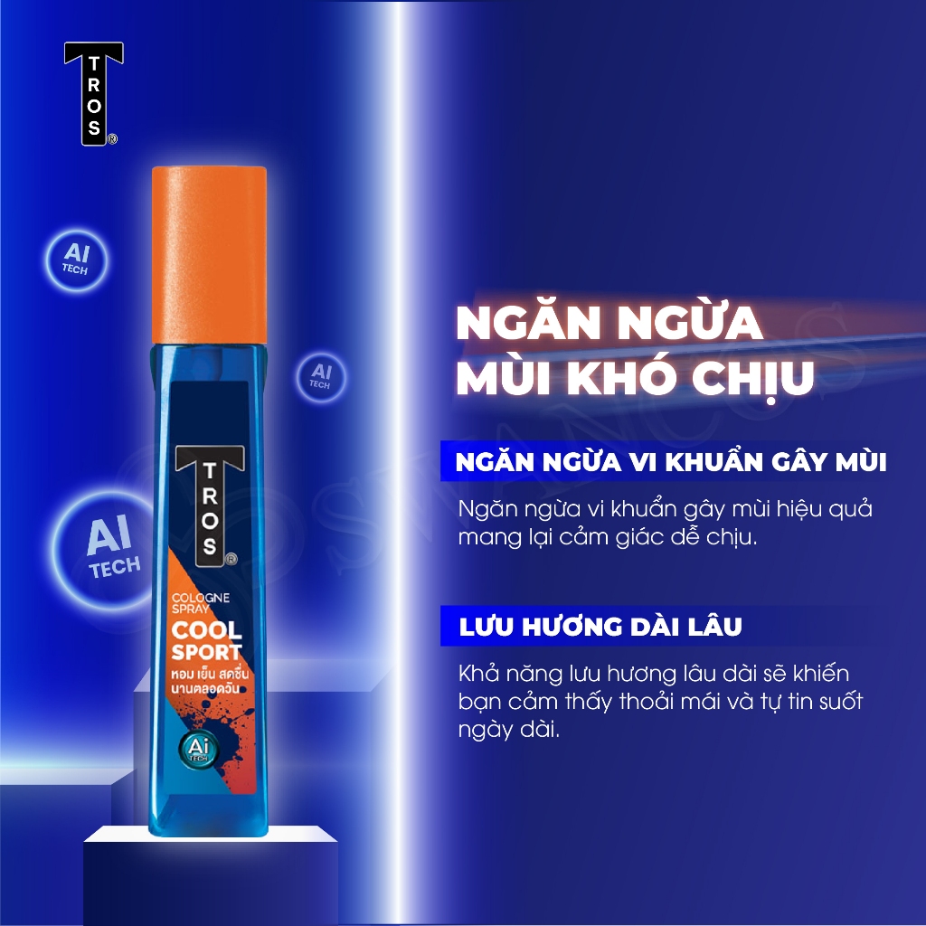 Body Mist Nước Hoa Nam TROS Cool Sport Cologne Xịt Khử Mùi Mạnh Mẽ 24 Giờ Hương Nam Tính Quyến Rũ 100ml