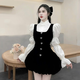 Set Yếm Nhung Xoè Dáng Bí Phối Sơ Mi Bồng Chun Tay Tặng Kèm Ghim Đá Có Quần Trong
