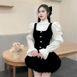 Set Yếm Nhung Xoè Dáng Bí Phối Sơ Mi Bồng Chun Tay Tặng Kèm Ghim Đá Có Quần Trong