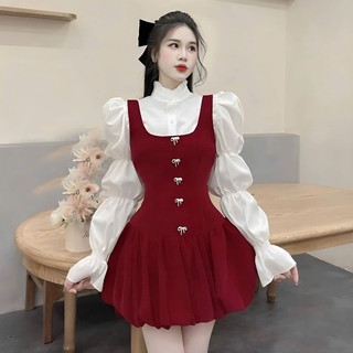 Set Yếm Nhung Xoè Dáng Bí Phối Sơ Mi Bồng Chun Tay Tặng Kèm Ghim Đá Có Quần Trong