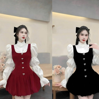 Set Yếm Nhung Xoè Dáng Bí Phối Sơ Mi Bồng Chun Tay Tặng Kèm Ghim Đá Có Quần Trong