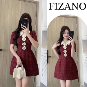 Váy tiểu thư, đầm nữ dáng ngắn dạ tweed sang chảnh cổ sơ mi đính hoa trà nổi màu đỏ Fizano HCOM3639