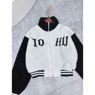 Áo Khoác Lông Cừu IO HU Mix Màu Khoá Kéo Chắc Chắn Eo Bo Chun Phối Sọc Ngang Freesize