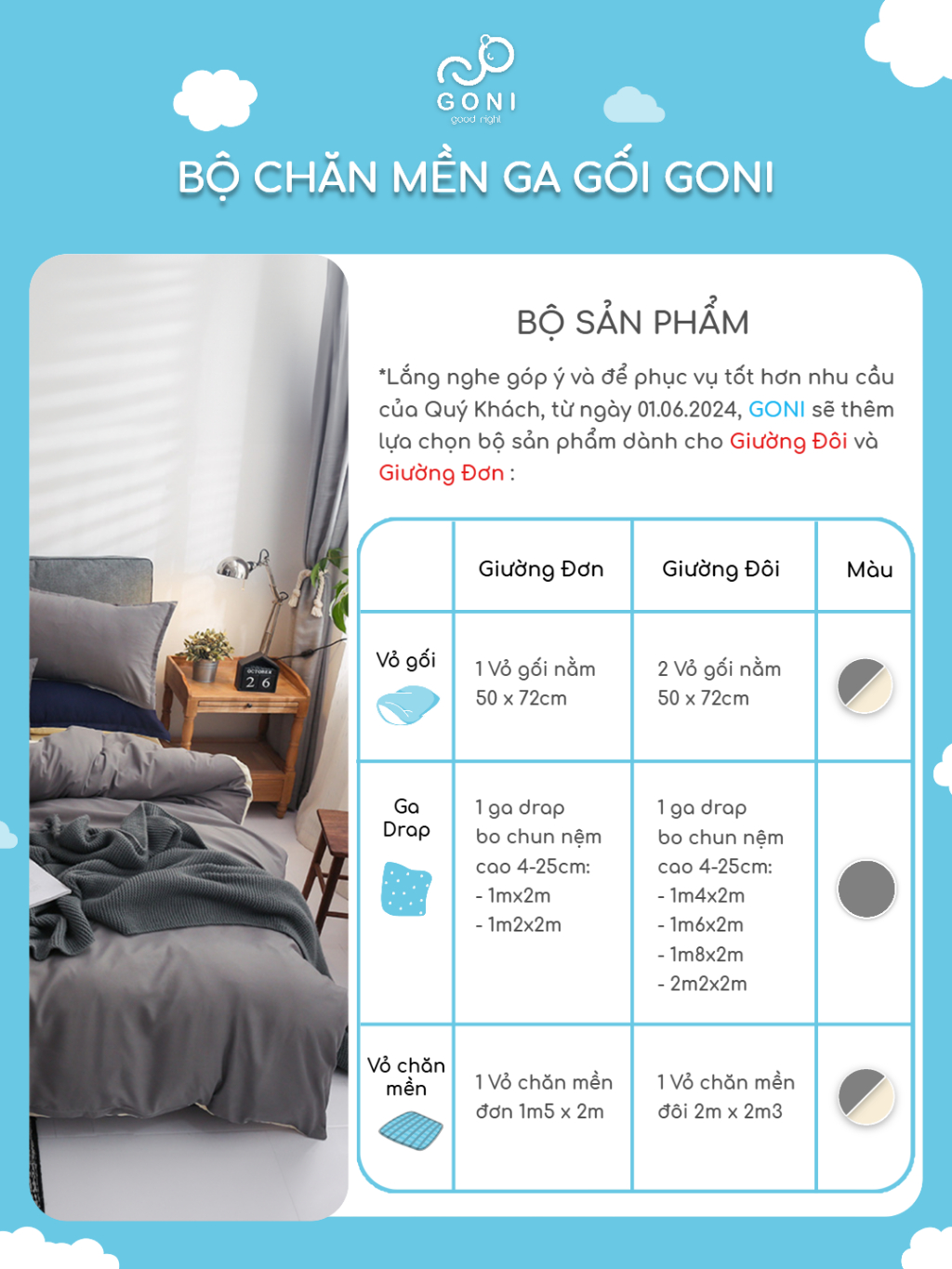 Ảnh Bộ chăn mền ga gối GONI CHILL màu Xám Sữa - Ga drap giường 1m, 1m2, 1m4, 1m6, 1m8, 2m2 3