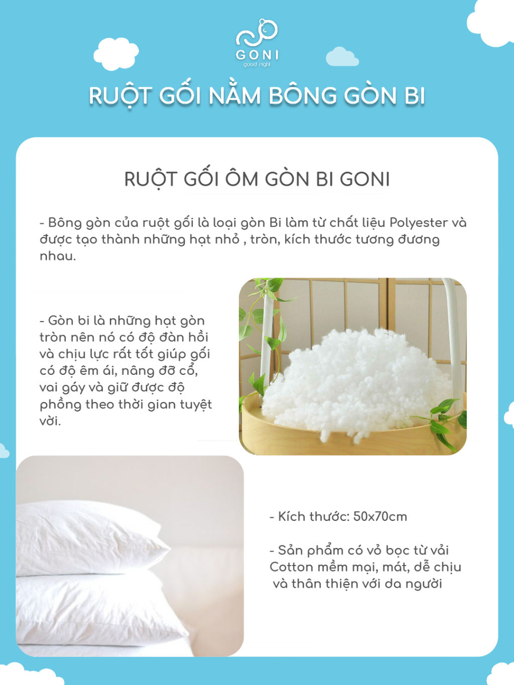 Ảnh Ruột Gối Bông Gòn Goni Lông Vũ Nhân Tạo, Gòn Bi, Gòn 3D Cao Cấp Tinh Khiết, Căng Phồng, Kích thước 50x70cm 4