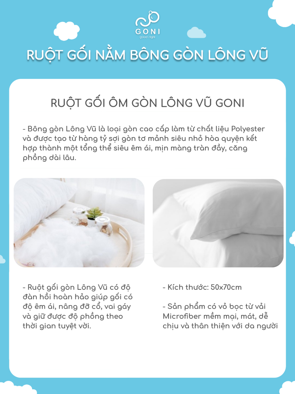 Ảnh Ruột Gối Bông Gòn Goni Lông Vũ Nhân Tạo, Gòn Bi, Gòn 3D Cao Cấp Tinh Khiết, Căng Phồng, Kích thước 50x70cm 3