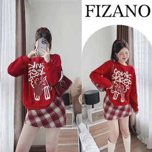 Set đồ nữ noel, bộ nỉ nữ áo sweater in hình cừu dễ thương phối chân váy chữ A kẻ caro Fizano HCOM3642