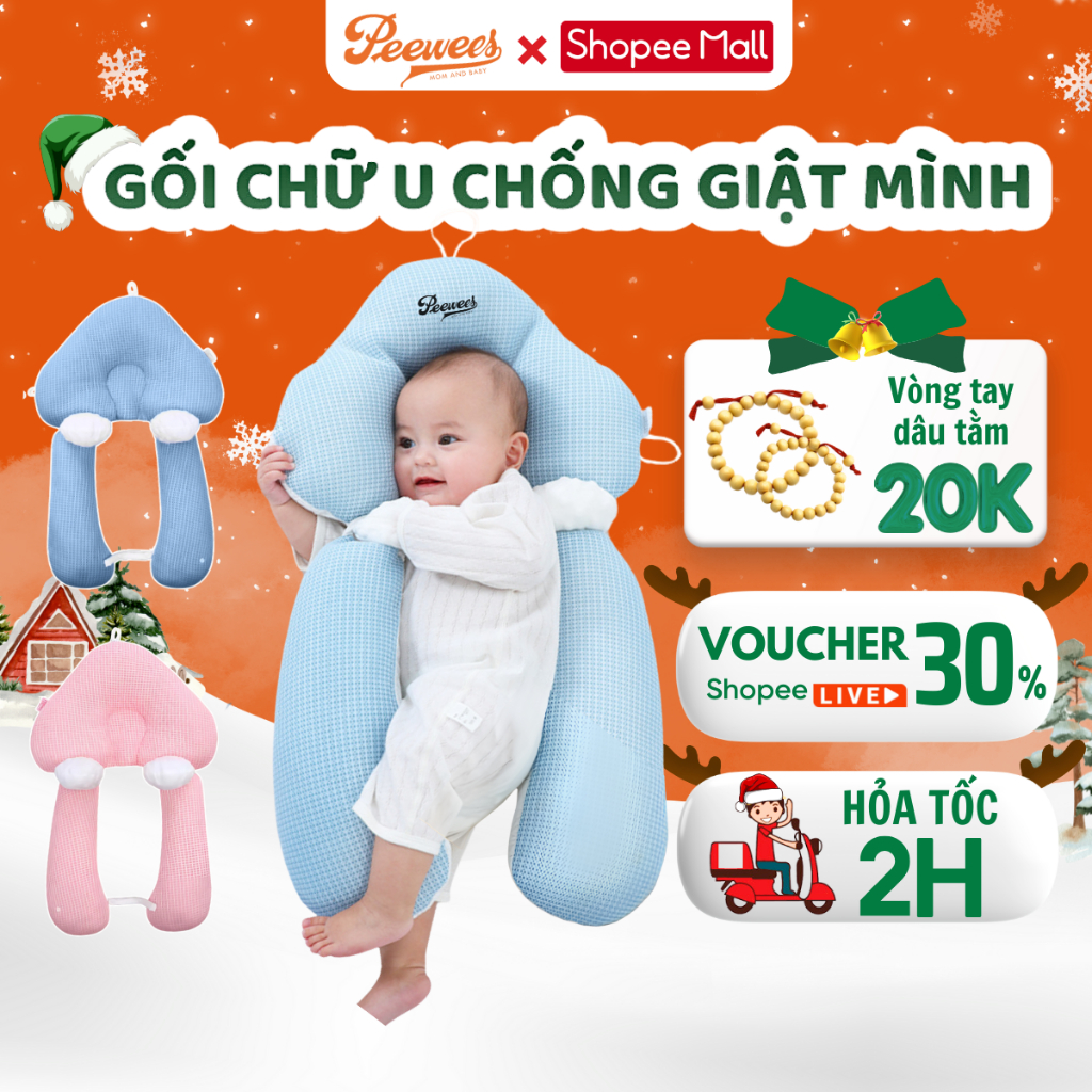 Gối chữ U cho bé sơ sinh PeeWees, chống giật mình chống méo đầu, có dây rút điều chỉnh 3 đầu giúp bé sơ sinh ngủ ngon