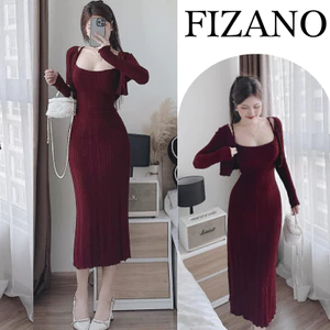 Set váy nữ, đầm nữ váy 2 dây body mix cardigan dáng ngắn chât len lông thỏ màu đỏ noel siêu hot Fizano HCOM3648