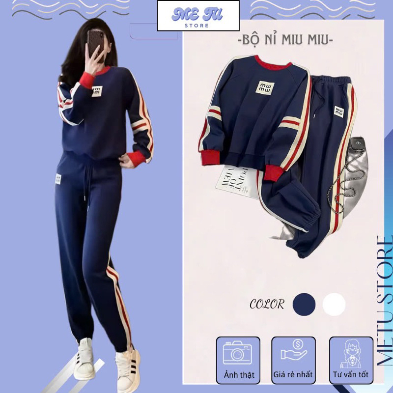 BỘ NỈ PHỐI VIỀN TRẮNG SỌC TAY CỔ VIỀN ĐỎ, SET NỈ MIU DÀY DẶN