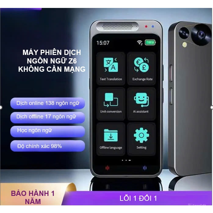 Máy Phiên Dịch z6 dịch giọng nói không cần  mạng ,dịch hình  ảnh  ,dịch văn bản màn hình 4.1inch sắc nét