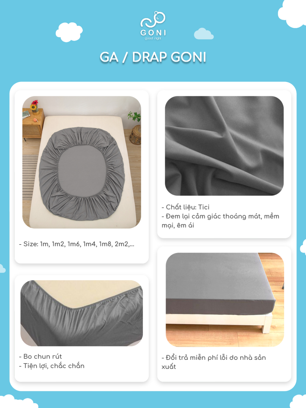 Ảnh Ga drap giường GONI bo chun cho nệm cao 4-25cm, Kích thước 1m x 2m, 1m2 x 2m, 1m4 x 2m, 1m6 x 2m, 1m8 x 2m, 2m2 x 2m 2