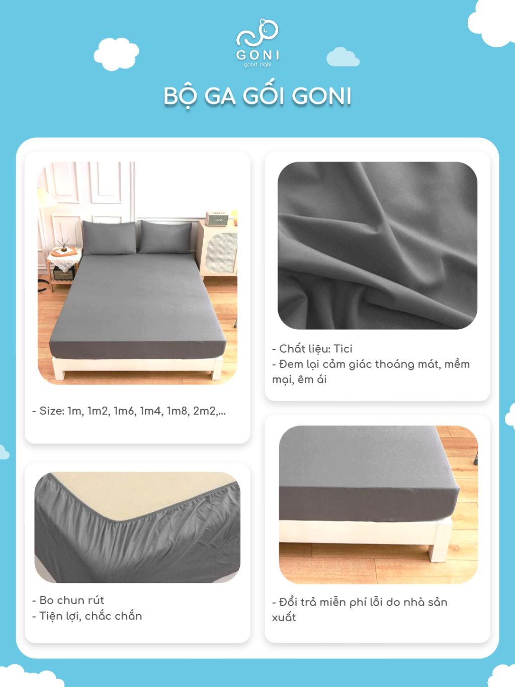 Ảnh Bộ Ga Gối Cotton Tici GONI Drap Giường Đủ Màu Đủ Kích Thước Trải Nệm Không Kèm Ruột 2