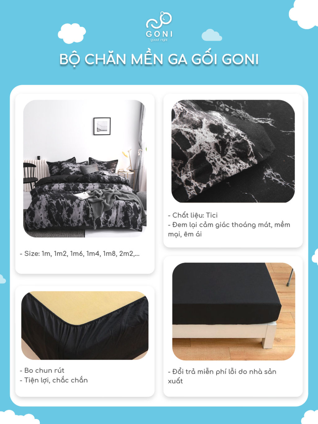 Ảnh Bộ chăn mền ga gối GONI CHILL họa tiết - Ga drap giường bo chun cao 4-25cm kích thước 1m, 1m2 ,1m4, 1m6, 1m8, 2m2 4