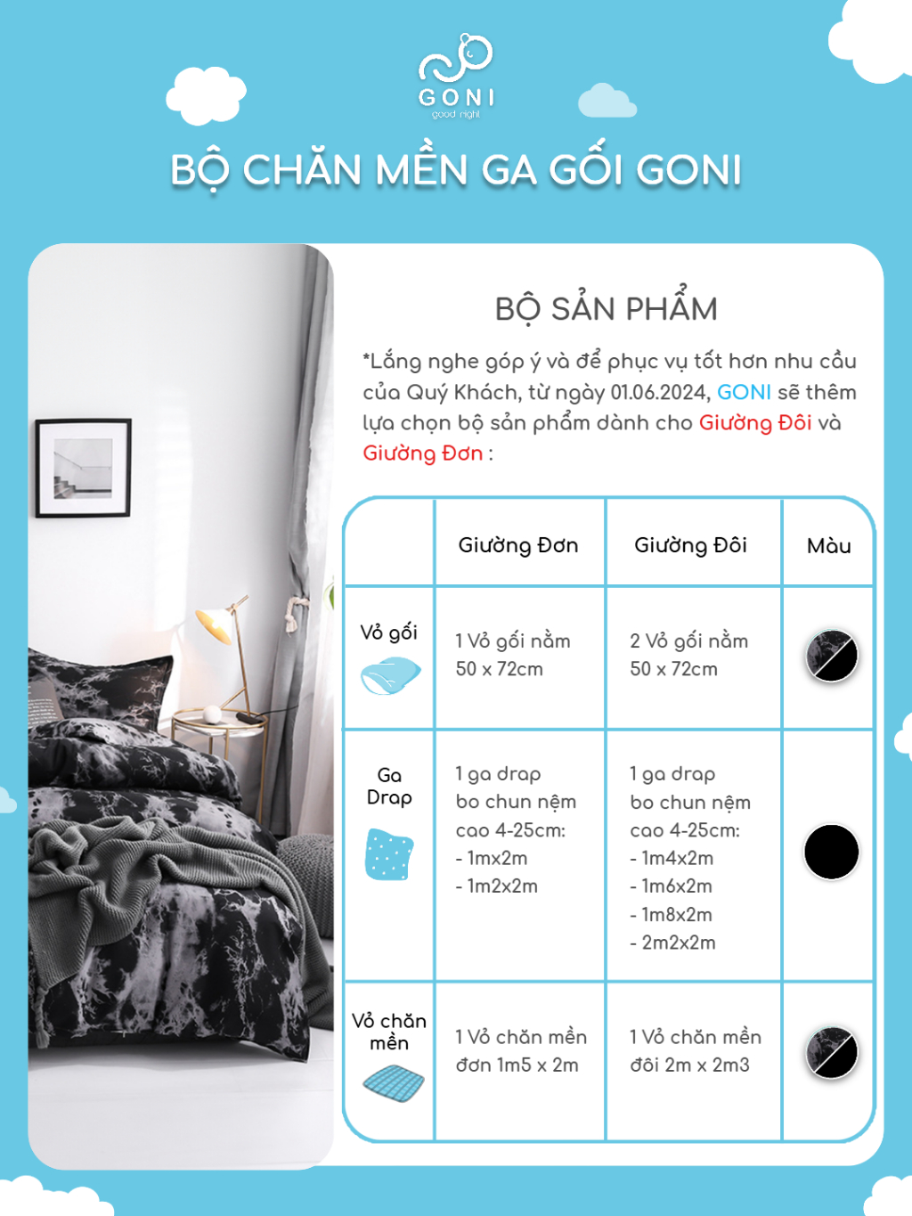 Ảnh Bộ chăn mền ga gối GONI CHILL họa tiết - Ga drap giường bo chun cao 4-25cm kích thước 1m, 1m2 ,1m4, 1m6, 1m8, 2m2 3