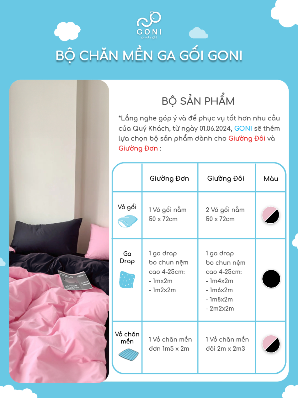 Ảnh Bộ chăn mền ga gối GONI CHILL màu Black Pink Đen Hồng - Ga drap giường bo chun cao 4-25cm kích thước 1m,1m4,1m6,1m8, 2m2 3
