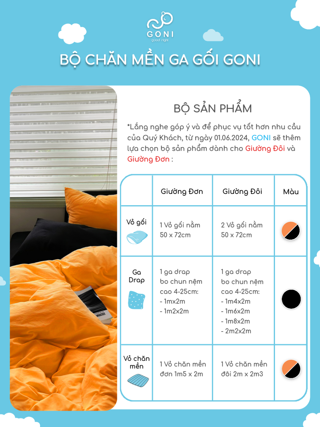 Ảnh Bộ chăn mền ga gối GONI CHILL màu Cam Đen - Ga drap giường bo chun cao 4-25cm kích thước 1m, 1m2 ,1m4, 1m6, 1m8, 2m2 2