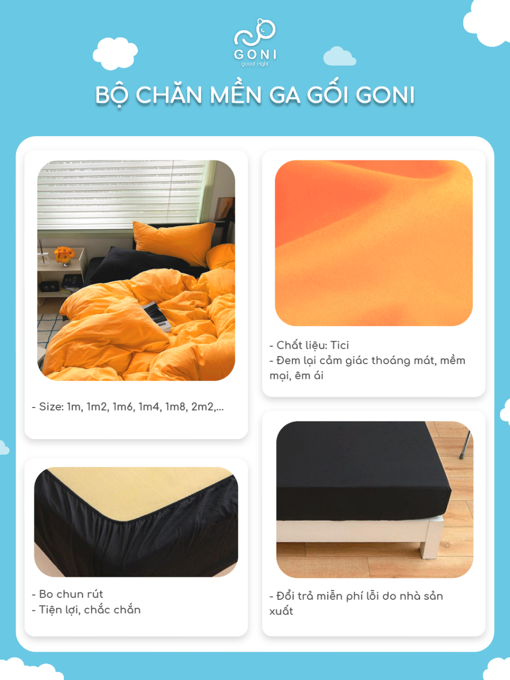 Ảnh Bộ chăn mền ga gối GONI CHILL màu Cam Đen - Ga drap giường bo chun cao 4-25cm kích thước 1m, 1m2 ,1m4, 1m6, 1m8, 2m2 3