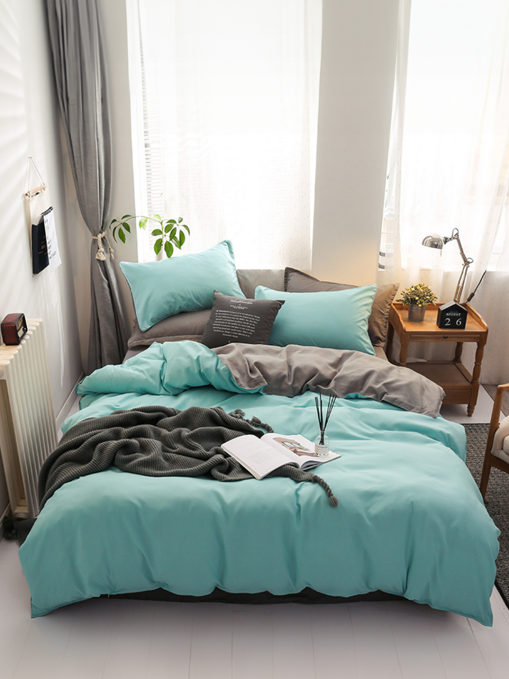 Ảnh Bộ chăn mền ga gối GONI CHILL màu Xanh Xám - Ga drap giường bo chun cao 4-25cm kích thước 1m, 1m2 ,1m4, 1m6, 1m8, 2m2 1