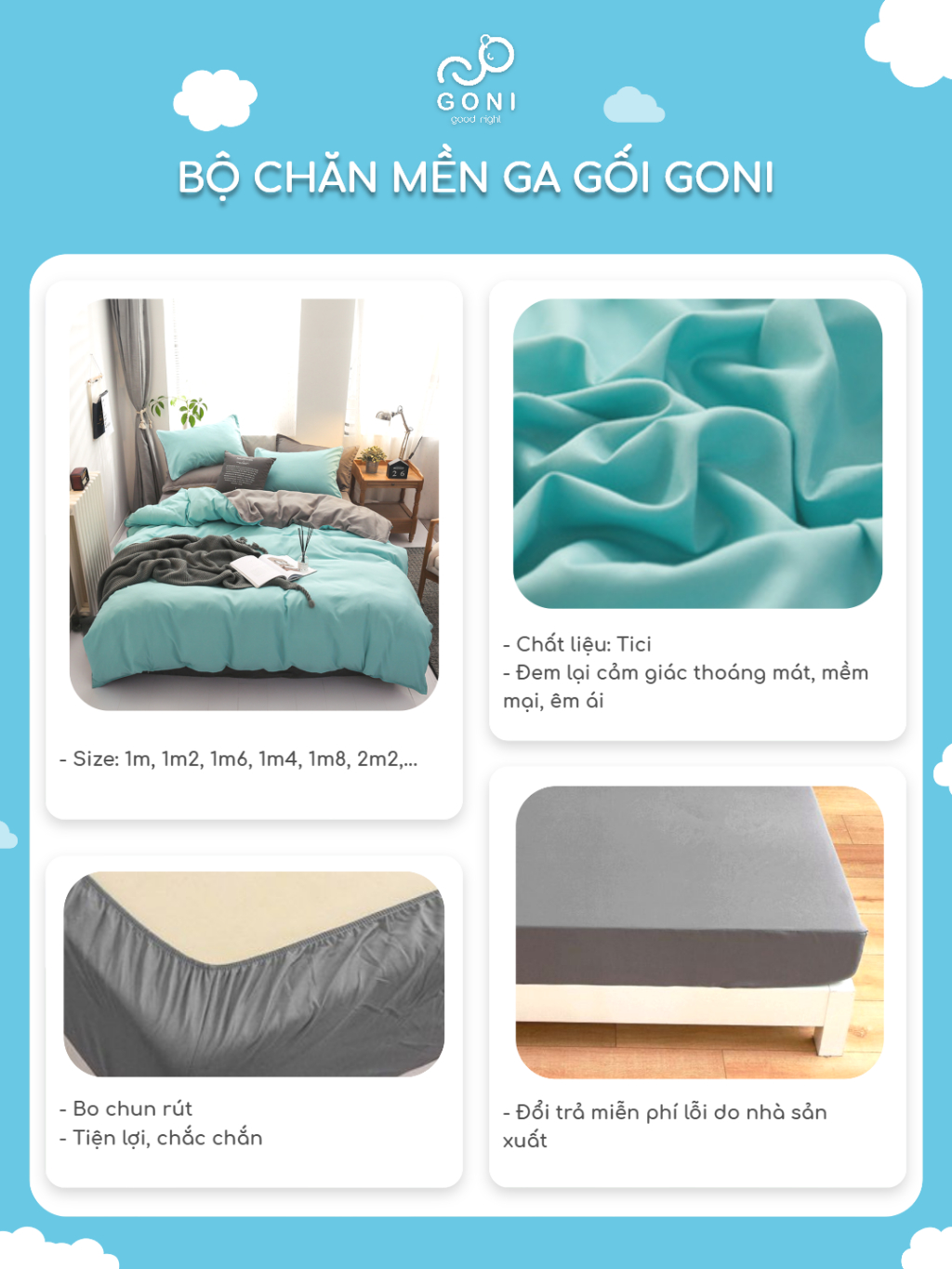 Ảnh Bộ chăn mền ga gối GONI CHILL màu Xanh Xám - Ga drap giường bo chun cao 4-25cm kích thước 1m, 1m2 ,1m4, 1m6, 1m8, 2m2 4