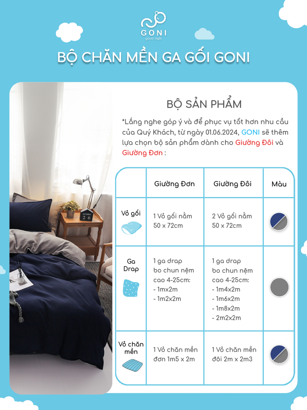Ảnh Bộ chăn mền ga gối GONI CHILL màu Navy Xám - Ga drap giường bo chun cao 4-25cm kích thước 1m, 1m2,1m4, 1m6, 1m8, 2m2 2