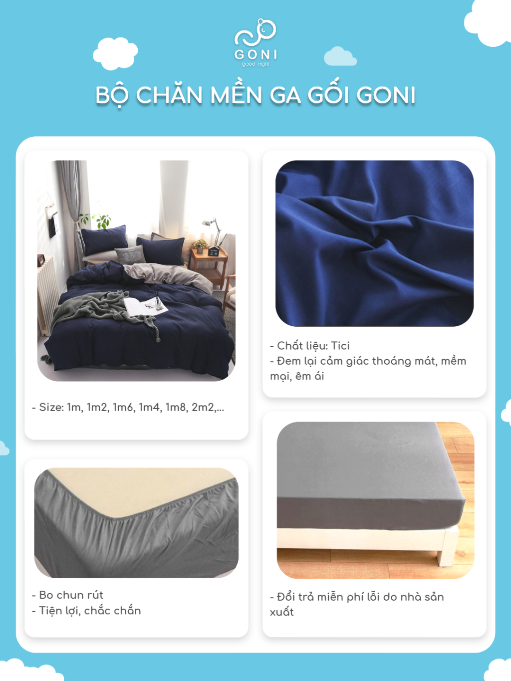 Ảnh Bộ chăn mền ga gối GONI CHILL màu Navy Xám - Ga drap giường bo chun cao 4-25cm kích thước 1m, 1m2,1m4, 1m6, 1m8, 2m2 3