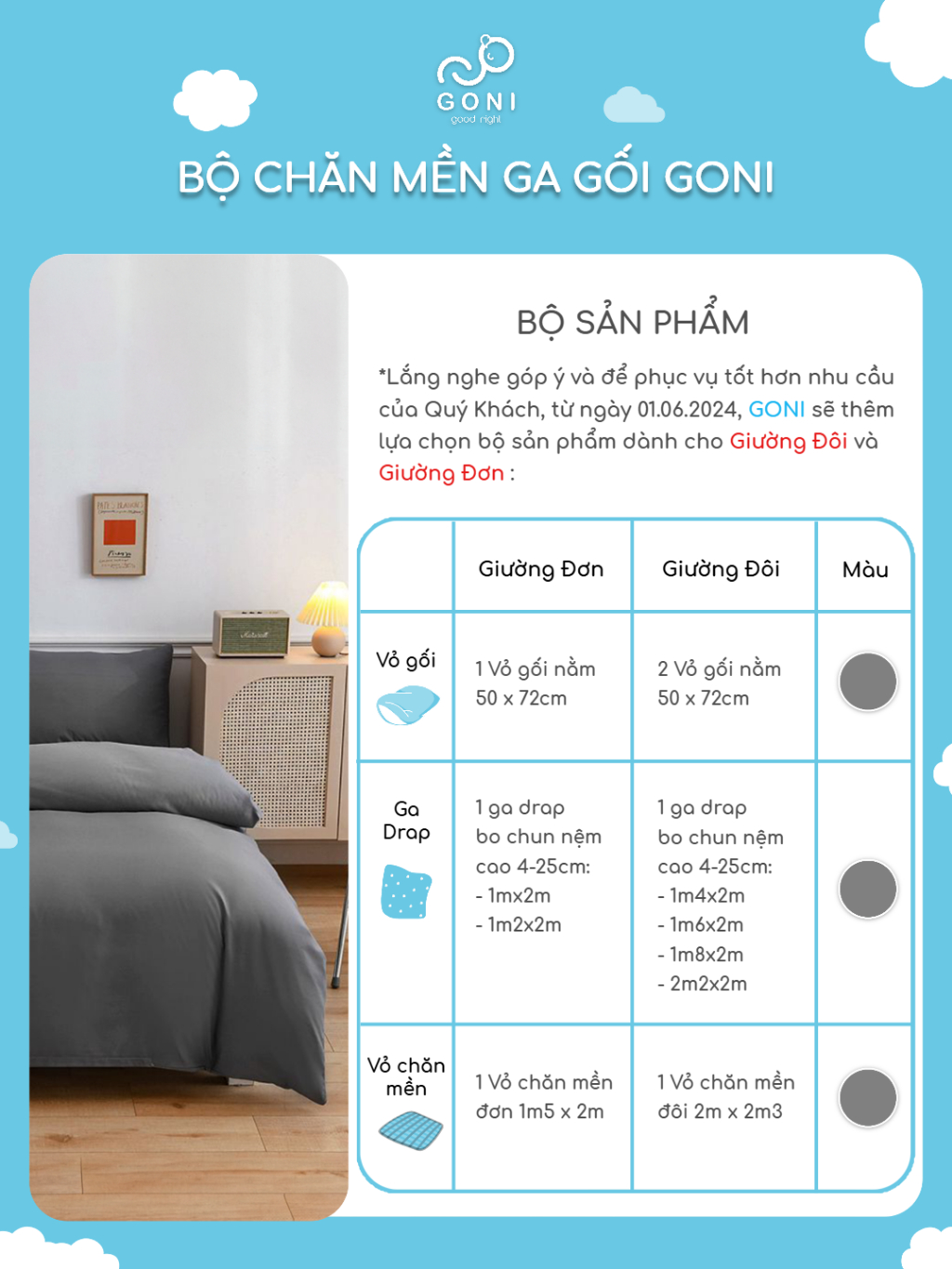 Ảnh Bộ chăn mền ga gối GONI CHILL màu Xám Trơn - Ga drap giường bo chun cao 4-25cm kích thước 1m, 1m2 ,1m4, 1m6, 1m8, 2m2 2