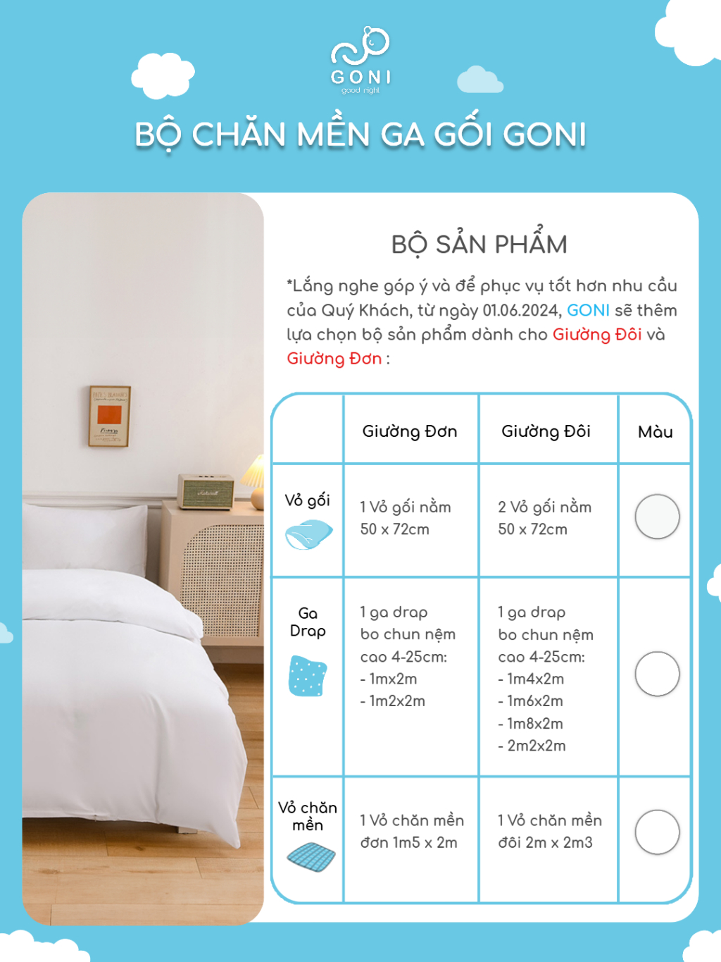 Ảnh Bộ chăn mền ga gối GONI CHILL màu Trắng trơn - Ga drap giường bo chun cao 4-25cm kích thước 1m, 1m2 ,1m4, 1m6, 1m8, 2m2 3
