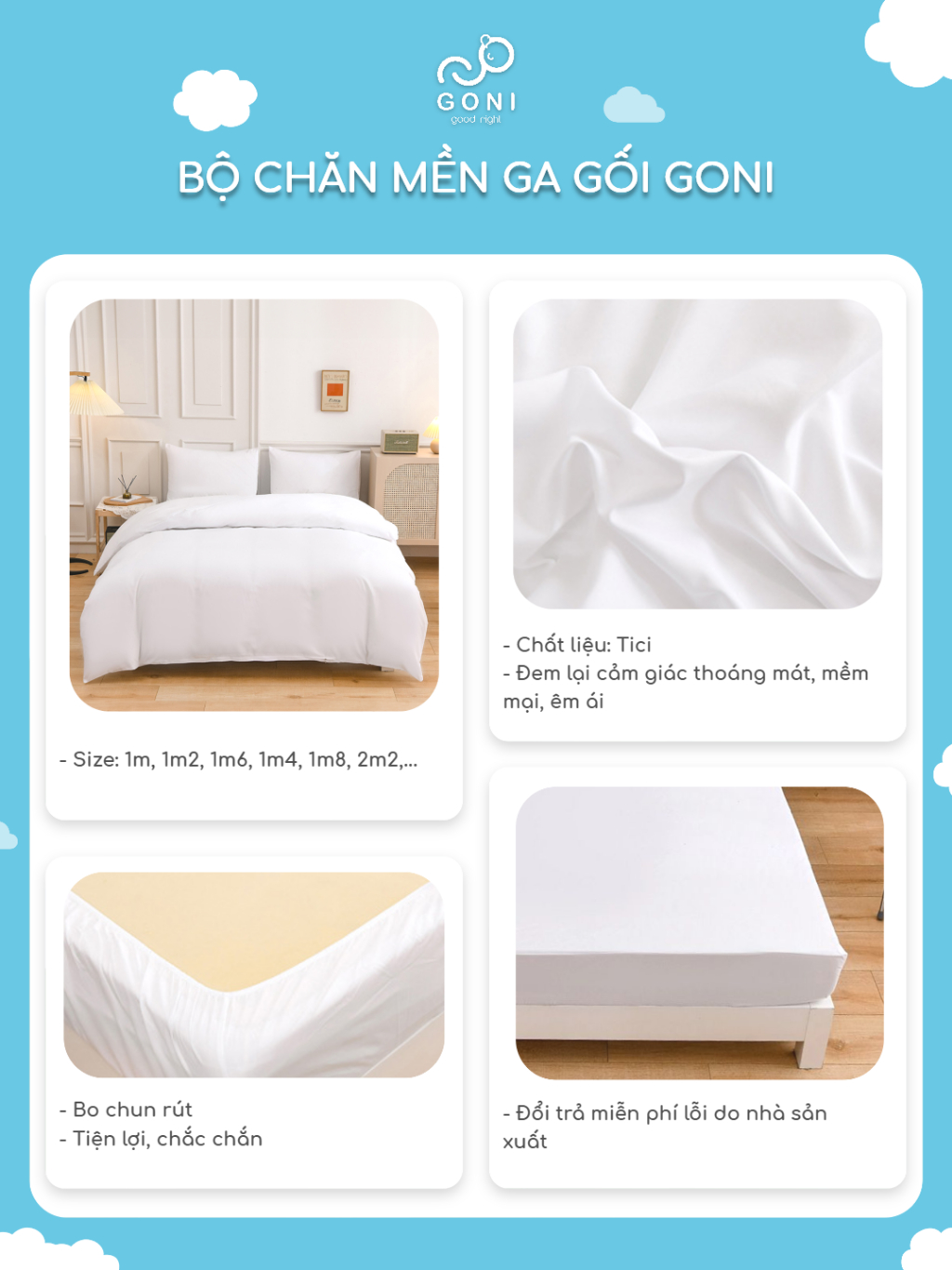 Ảnh Bộ chăn mền ga gối GONI CHILL màu Trắng trơn - Ga drap giường bo chun cao 4-25cm kích thước 1m, 1m2 ,1m4, 1m6, 1m8, 2m2 4