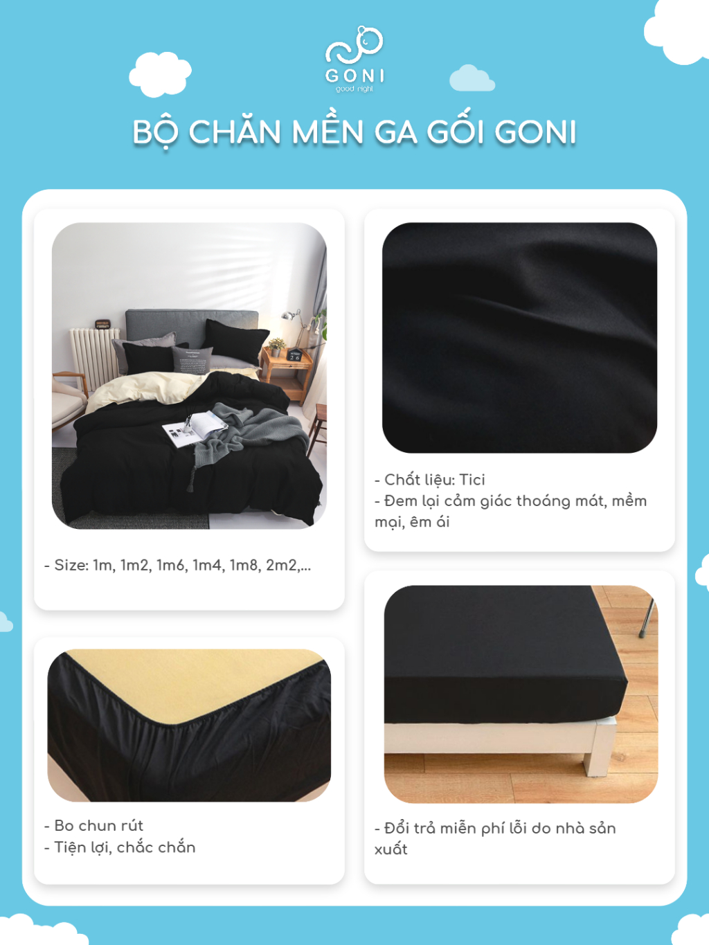Ảnh Bộ chăn mền ga gối GONI CHILL màu Đen Sữa - Ga drap giường bo chun cao 4-25cm kích thước 1m, 1m2 ,1m4, 1m6, 1m8, 2m2 4