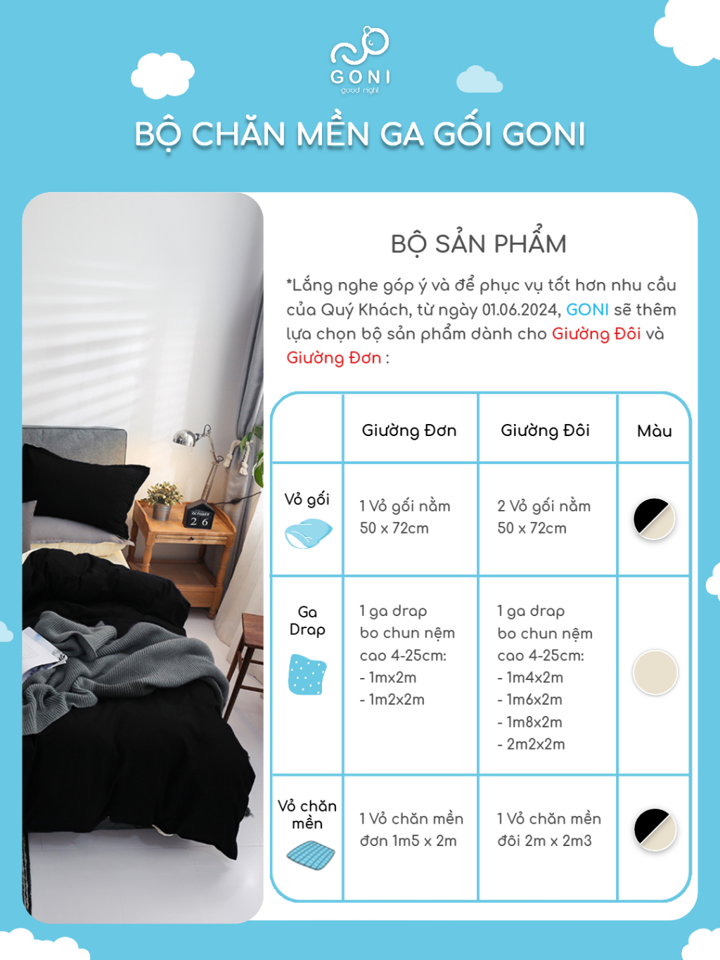 Ảnh Bộ chăn mền ga gối GONI CHILL màu Đen Sữa - Ga drap giường bo chun cao 4-25cm kích thước 1m, 1m2 ,1m4, 1m6, 1m8, 2m2 3