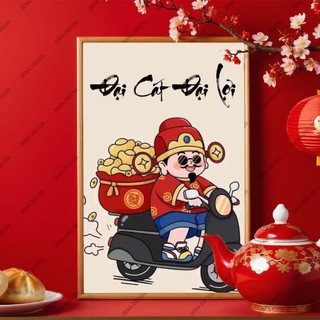Tranh Thần Tài tráng gương dán viền siêu bóng Vô Tri tết 2025 mày phải giàu