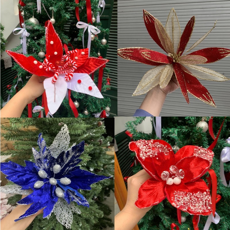 Bông hoa cao cấp cỡ lớn vải nhũ kim tuyến hoa ly, hoa lan trang trí cây thông , dây 2.7 , decor không gian Giáng Sinh