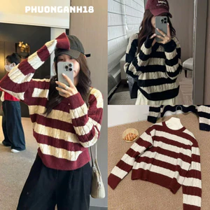 Áo len phối sọc cổ tròn vặn thừng New